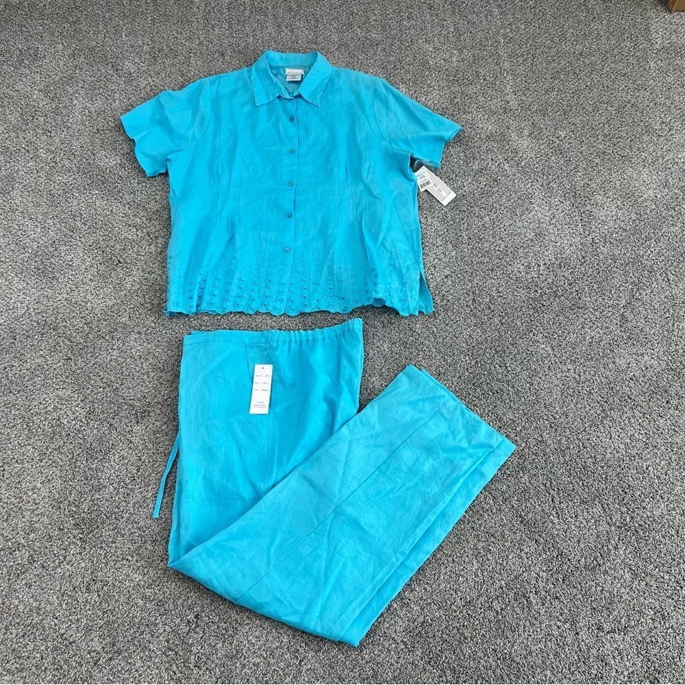 Vtg NWT Rene Margo Sky Blue Ramie Button Up Shirt Pant Set Women’s Plus Size 3X